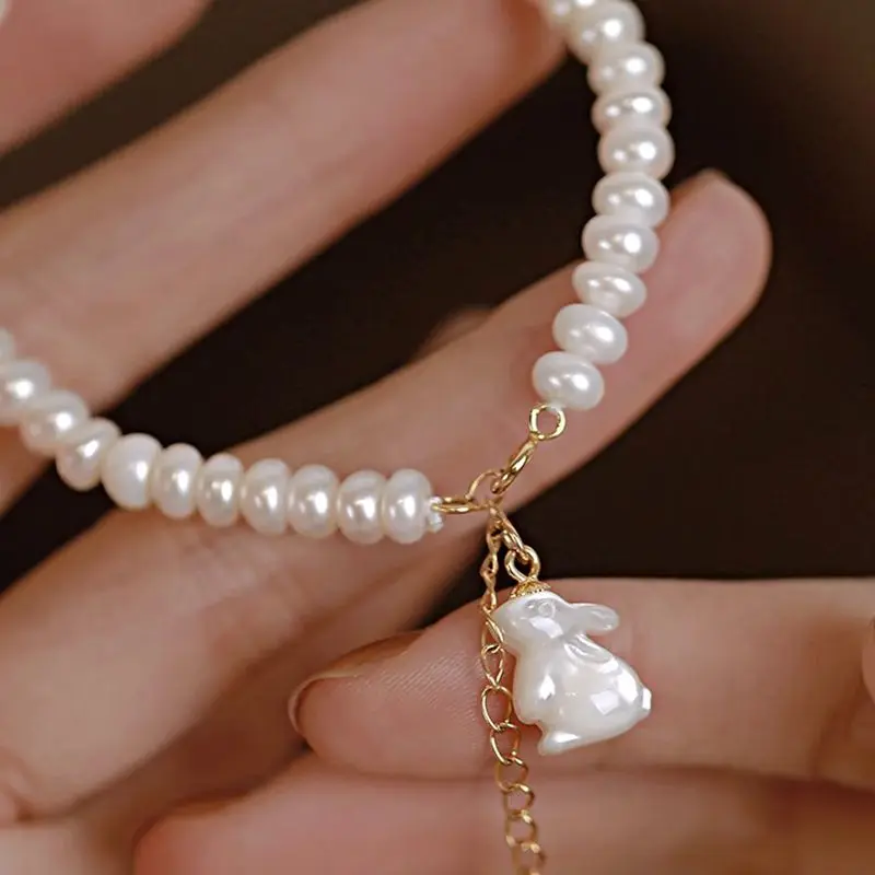 100% Natural Freshwater Pearl 14K Gold Filled Lovely Rabbit Animal Design Female Charm Bracelet Jewelry For Women Christmas Gift