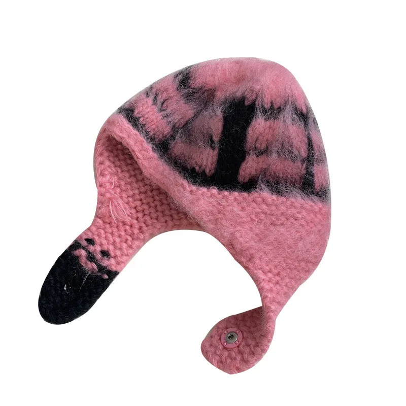 2023 New Sweet and Lovely Flying Hat Wool Knitted Hat Autumn and Winter Ear Protection Warm Lei Feng Winter