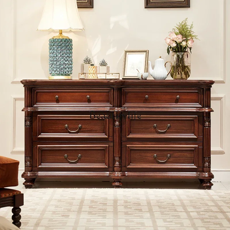 

FG44Solid wood black walnut six-bucket cabinet American medieval bedside cabinet Bedroom storage bucket cabinet