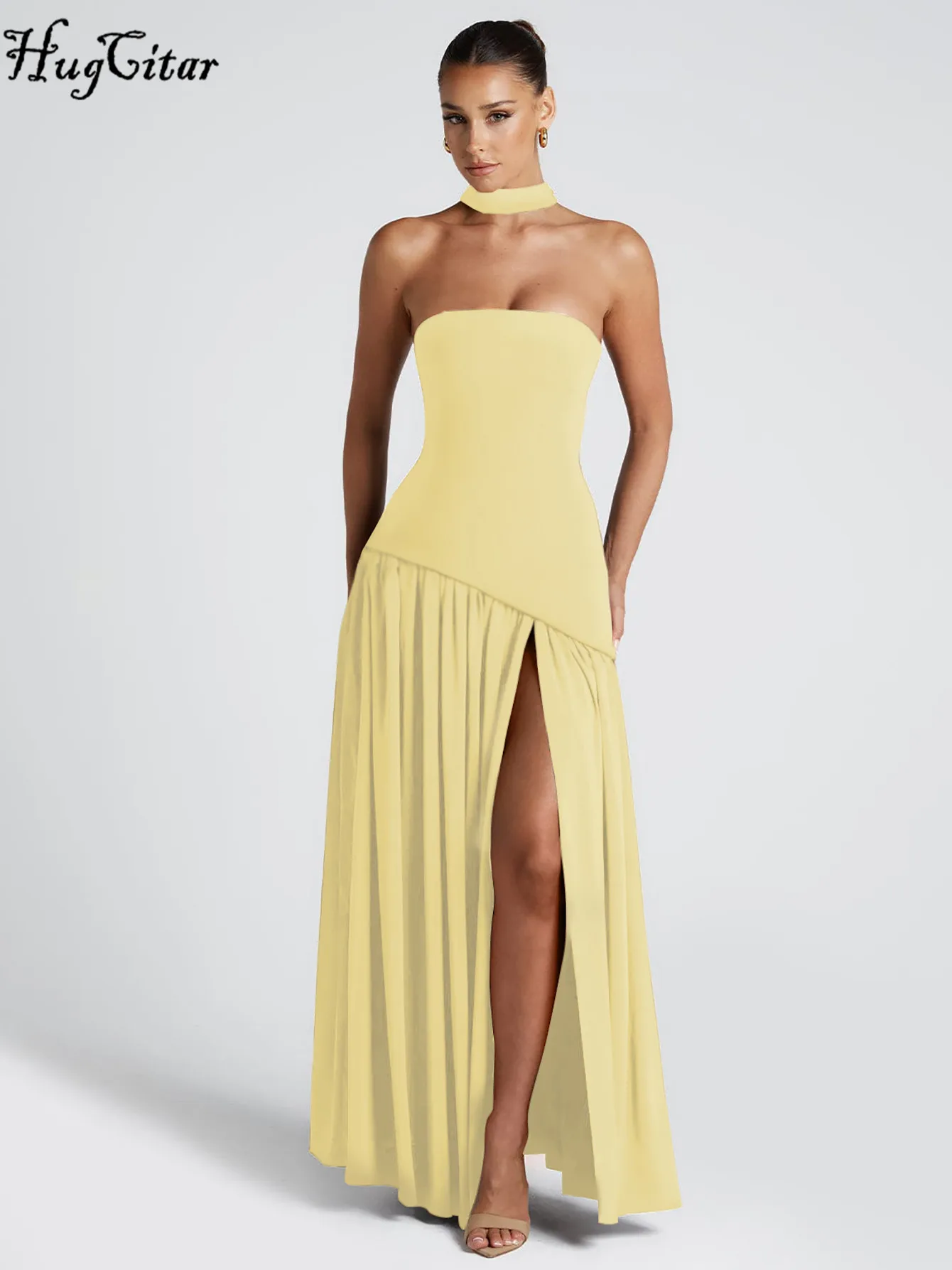 Hugcitar elegante sólido sem alças fita sem costas sexy fenda plissado maxi vestido de baile feminino novas roupas festa à noite festival