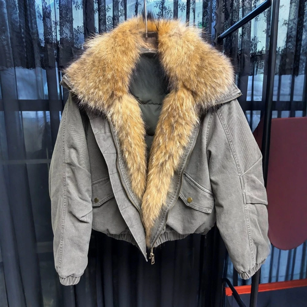 OFTBUY Women's Oversized Cropped Puffer Jacket Fur Detail Extra Warm Goose‑Down Full Zip Transitional Season Winter Outerwear