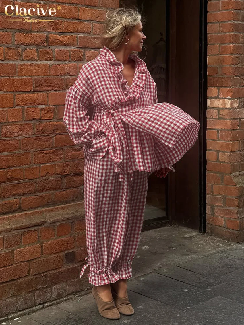 Clacive Fashion Lockerer Roter Karierter 2-Teiliger Anzug für Damen, Elegantes Langarmhemd mit Hochtaillierter Bleistifthose, Streetwear für Frauen