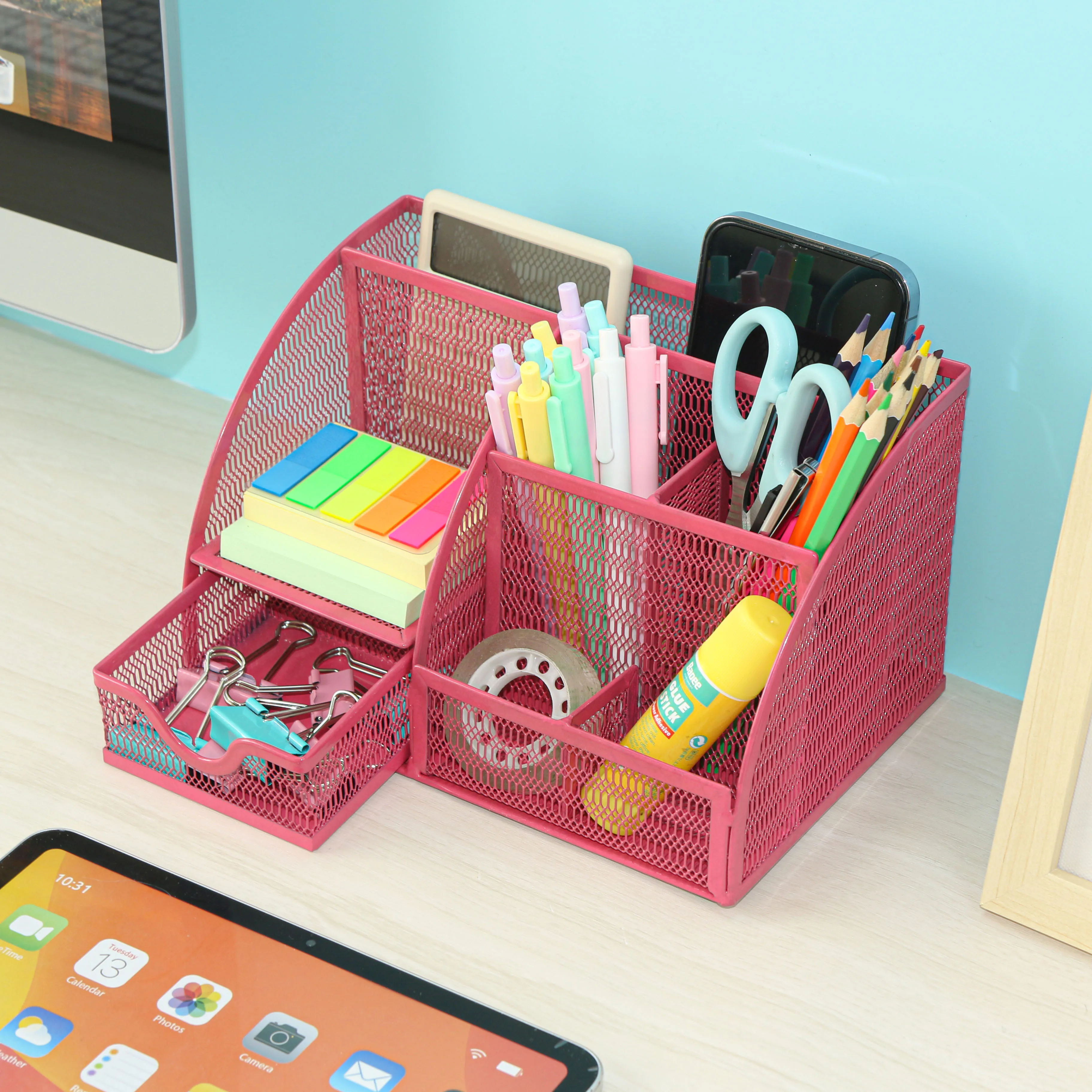 

Mesh Desk Organizer Caddy and Accessories Holder with 1 Storage Drawer + 7 Compartments