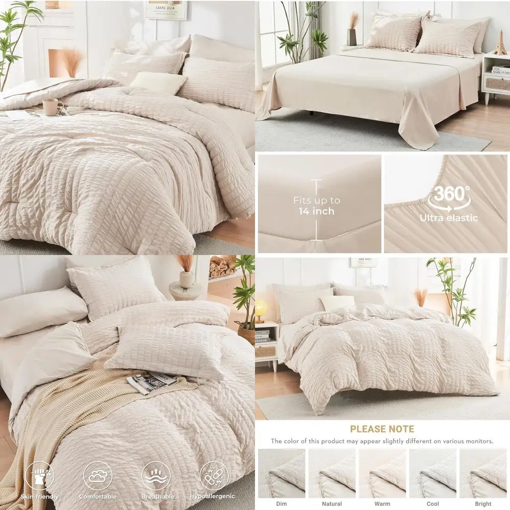 

All-Season Seersucker King Comforter Set, 7-Piece Luxury Bedding with Sheets, Pillowcases & Shams