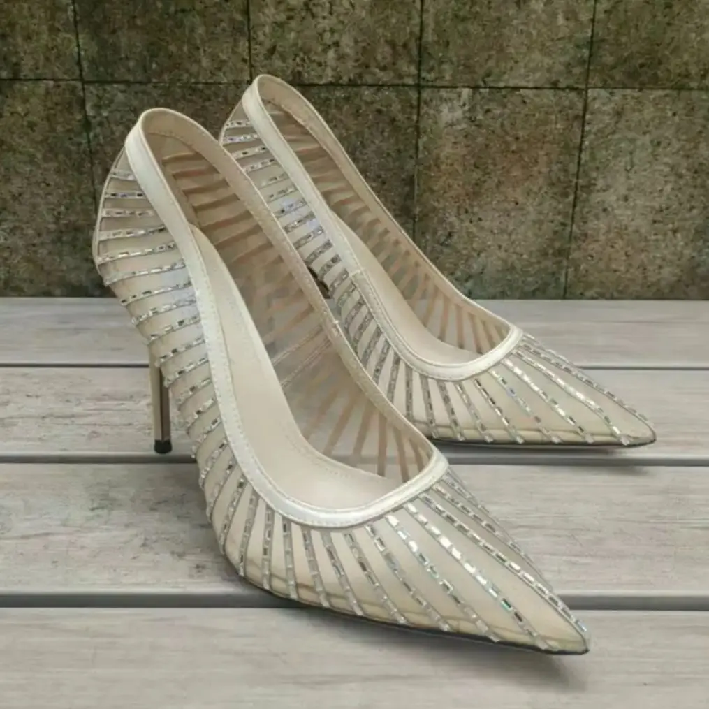 

Женские туфли без шнуровки с острым носком, украшенные стразами, черно-белые сетчатые женские туфли-лодочки высокого класса на высоком каблуке, размер 36–42