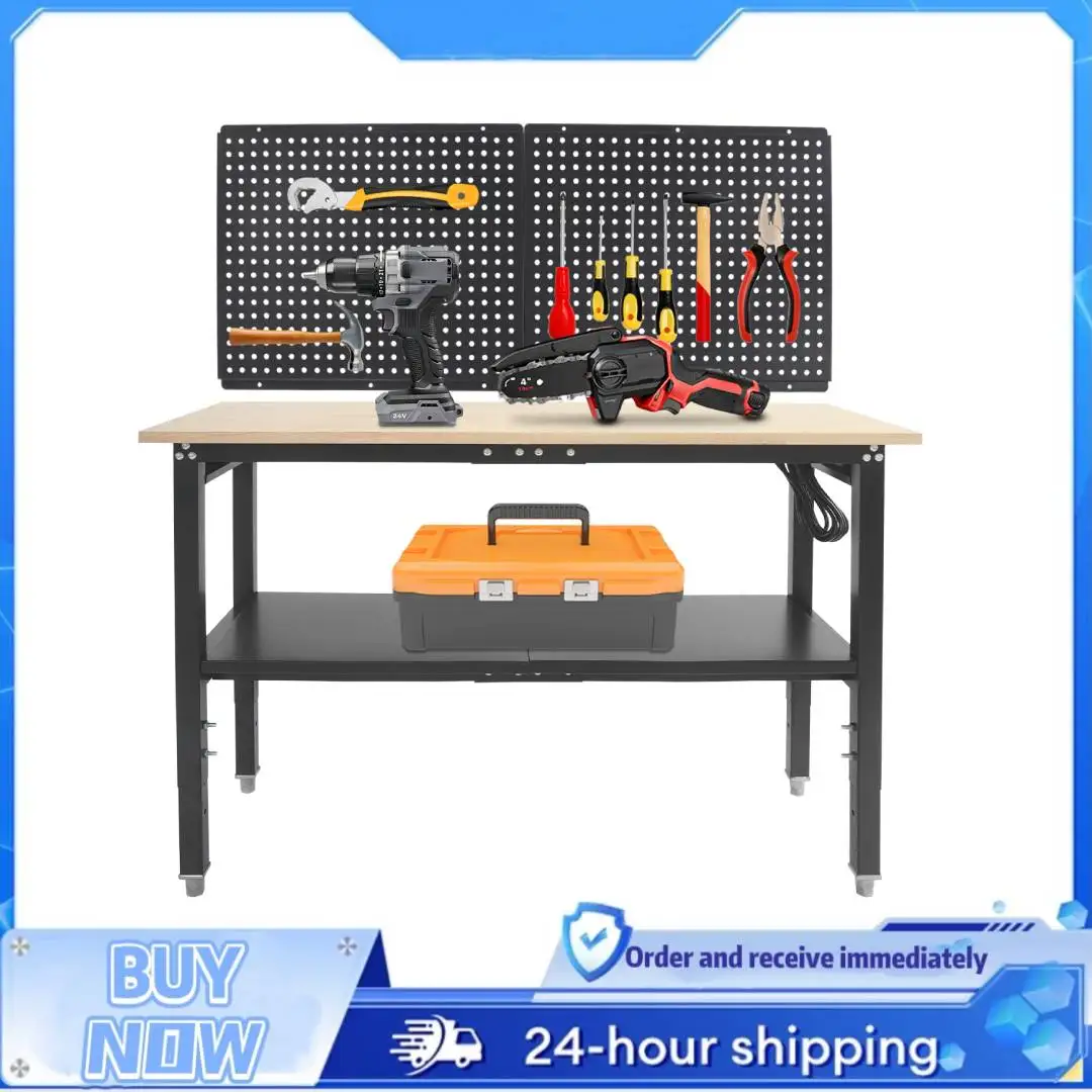 

47×20 Inch Height-Adjustable Workbench with Power Outlets 40LBS Load Capacity Heavy-Duty Work Table with Pegboard and Storage