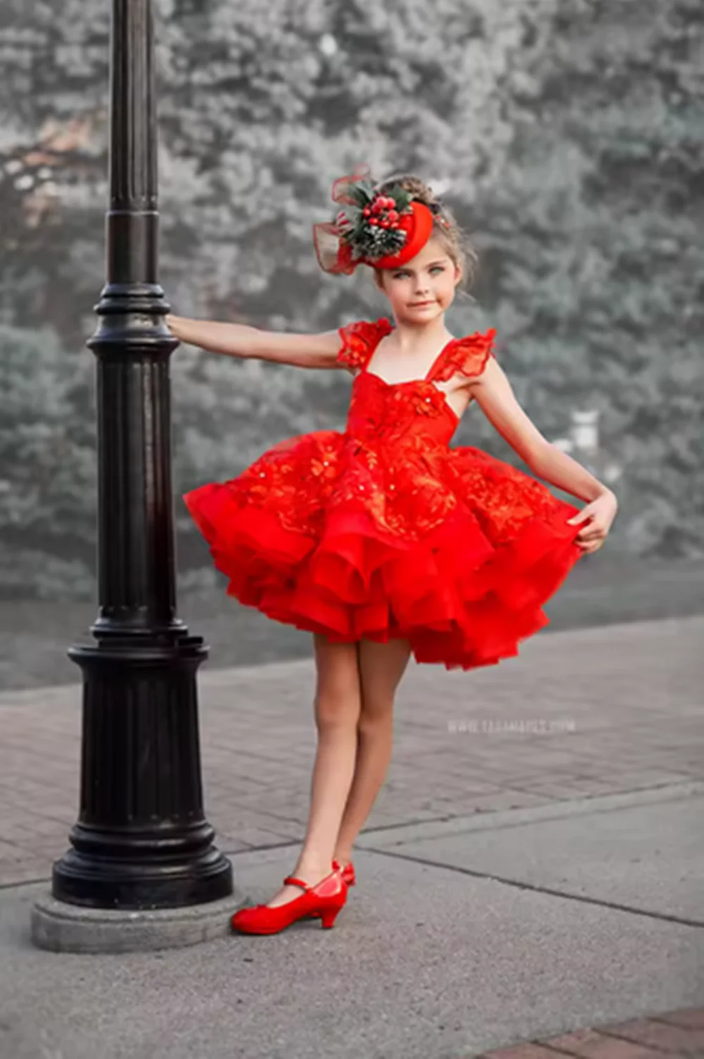

Tulle Red Flower Girl Dresses For Wedding Sequined Glitter Puffy Short Sleeve with Bow First Communion Birthday Party Ball Gowns