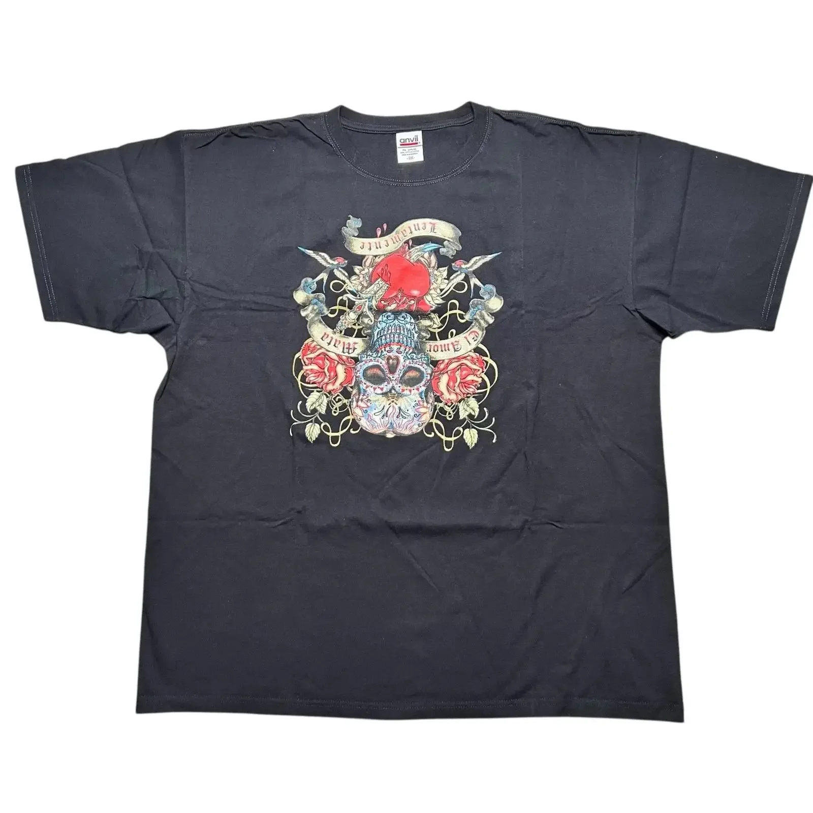 Camiseta Vintage Love Kills con Calavera, Dardos y Rosas, Negra, Talla 2XL, El amor mata, estilo vintage, lavada, unisex, para hombre, elástica