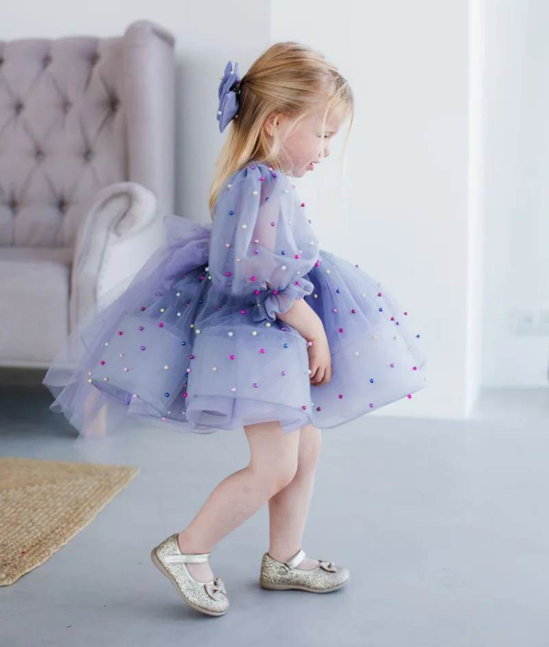 Vestidos de manga larga para niña, vestidos de flores para invitados de boda, dama de honor con perlas de lazo, tul, primera comunión