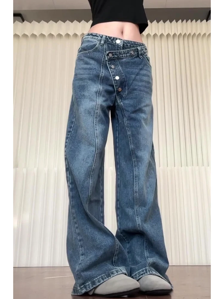 

Американские широкие джинсы с высокой талией, женские ранние весны 2024, новый дизайн, асимметричные джинсовые брюки с наклонными пуговицами