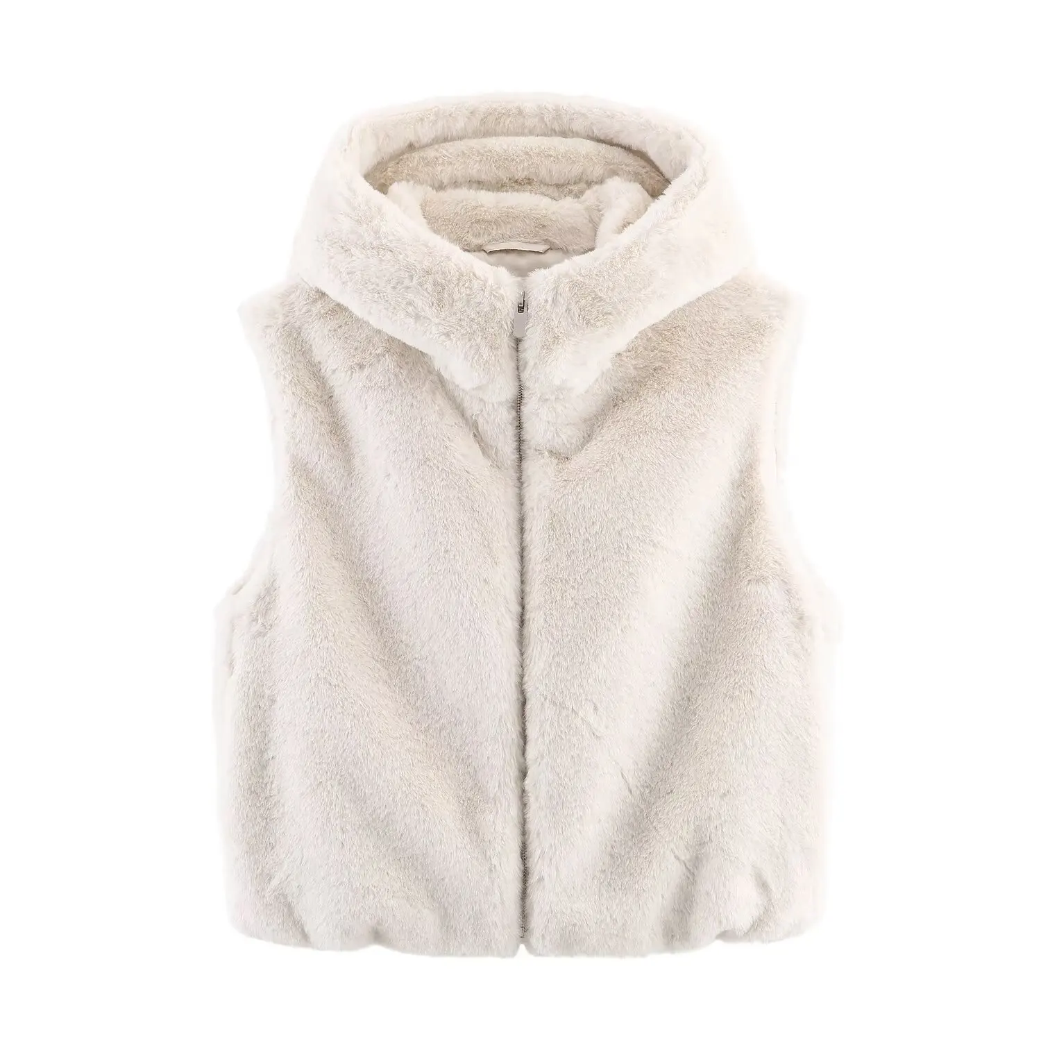 

2025 Women's Fashion New Artificial Fur Tank Top Hooded Artificial Fur Effect Tank Top Ski Jacket Sleeveless Zipper Fluffy Tank