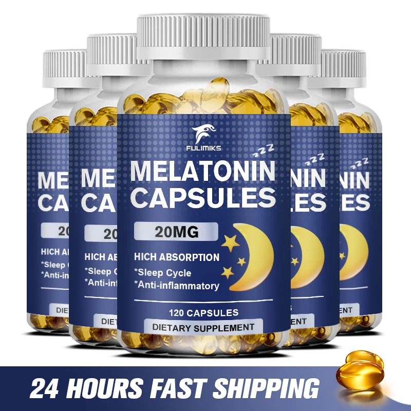 Melatonin Capsules Supplement 20mg Contains Vitamin C Theanine Extract Capsules to Promote Sleep Quality & Alertness Non-GMO