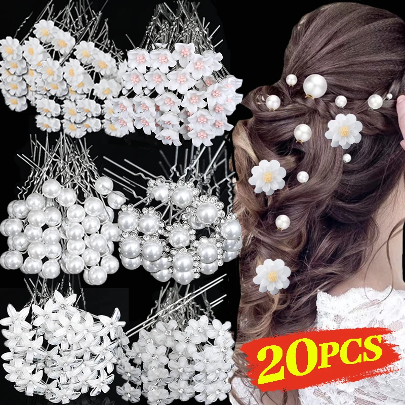 20Pcs Pearl U-shaped Pin Bridal Wedding Hair Accessories Rhinestone Hair Pins Forks Silver Hair Combs Party Ornaments Hairclips