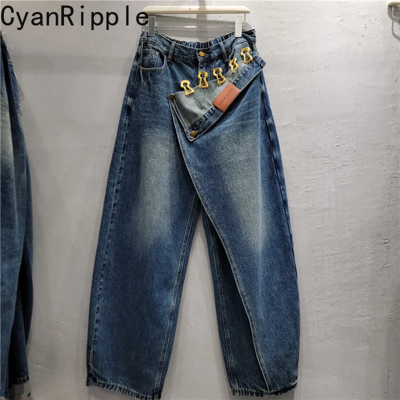 2026 New Autumn Personality Irregular Faux Two-piece Patchwork Denim Machete Pants Metal Buckle Decoration Loose Straight Jeans