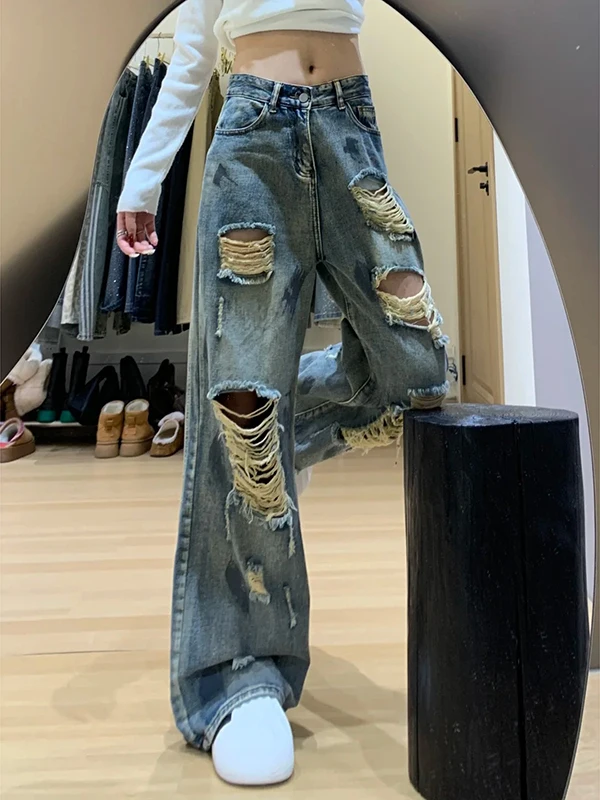 

American Style Vintage Ripped Denim Jeans Women High Waist Loose Wide Leg Long Pants Casual Wear High Waist Loose Fit Ladies ...