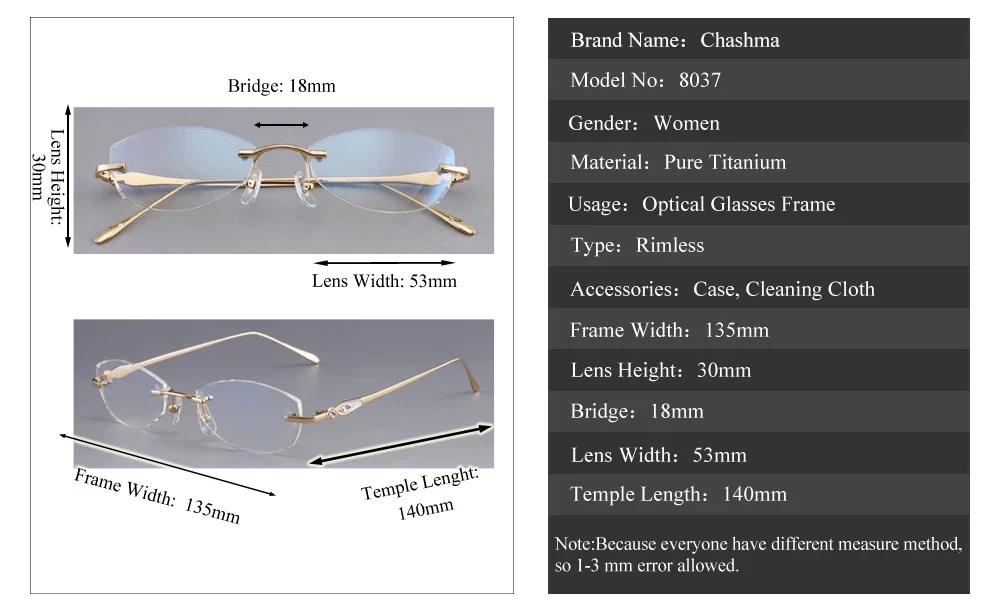 Chashma Designer Eyeglasses Diamond Female Rimless Titanium Glasses Frame Transparent Stone Lenses Women Prescription Spectacles