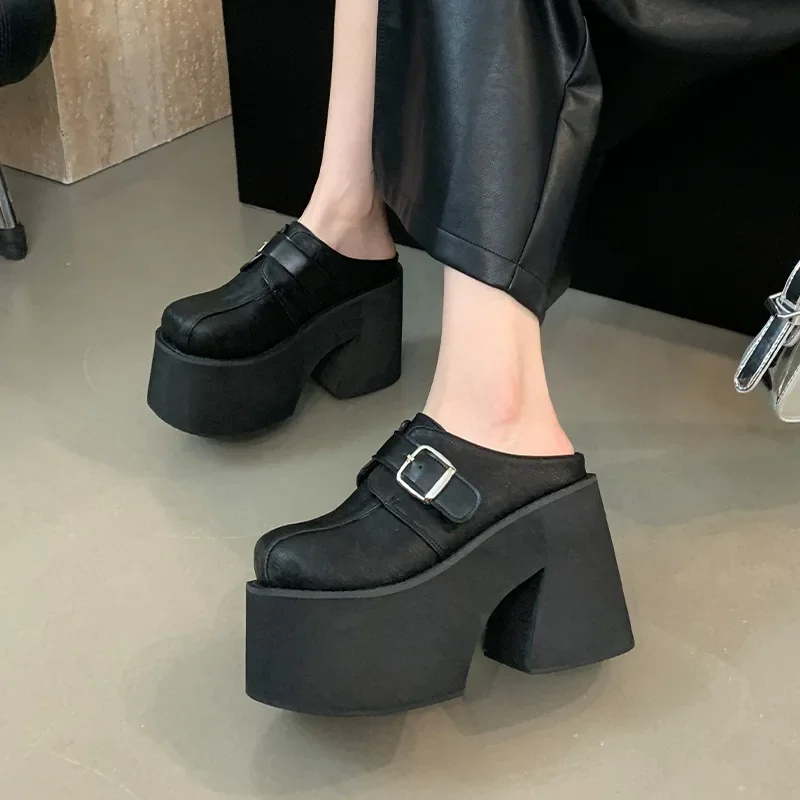 Large Size Women\'s Slippers Roman Style New Platform Wedges Chunky High Heeled Round Toe Gothic Luxury Mules Sandals 2024 Black