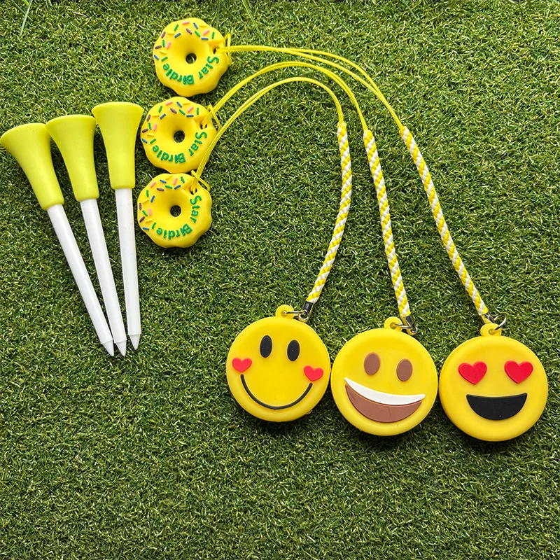 Golf Tees With Cartoon Cute Smiling Face Anti Lost Hanger Ring Prevent Loss Golf Ball Holder With Braided Rope Golf Accessory