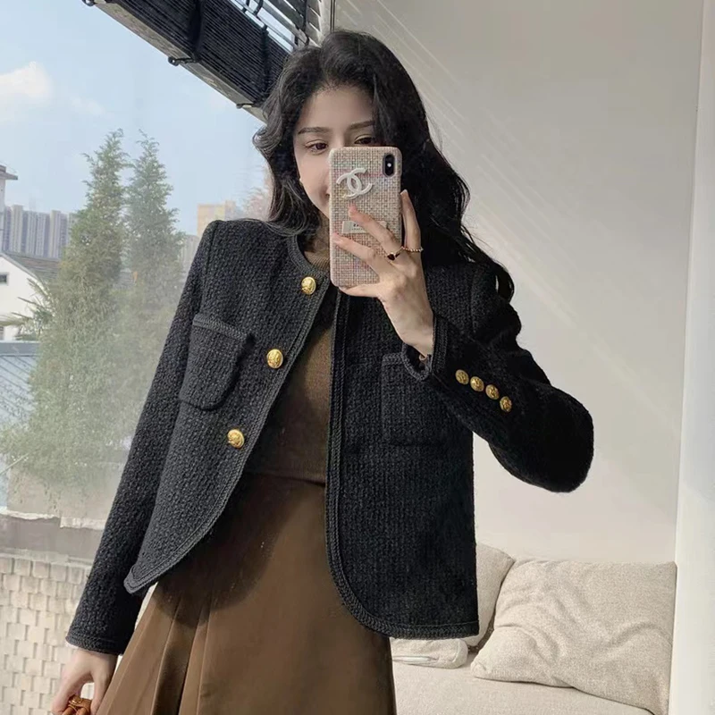 

Autumn Black Elegant Short Coats Women Korean Chic Thick Faux Wool Jacket Office Lady Single Breasted All Match Tweed Outerwear