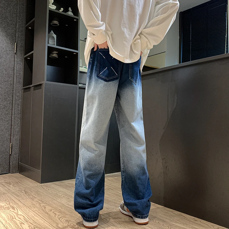 New Gradient Ins Straight Loose Elastic Waist Casual Jeans Oversized Wide Leg Jeans Men Streetwear Baggy Trousers Male M-8XL