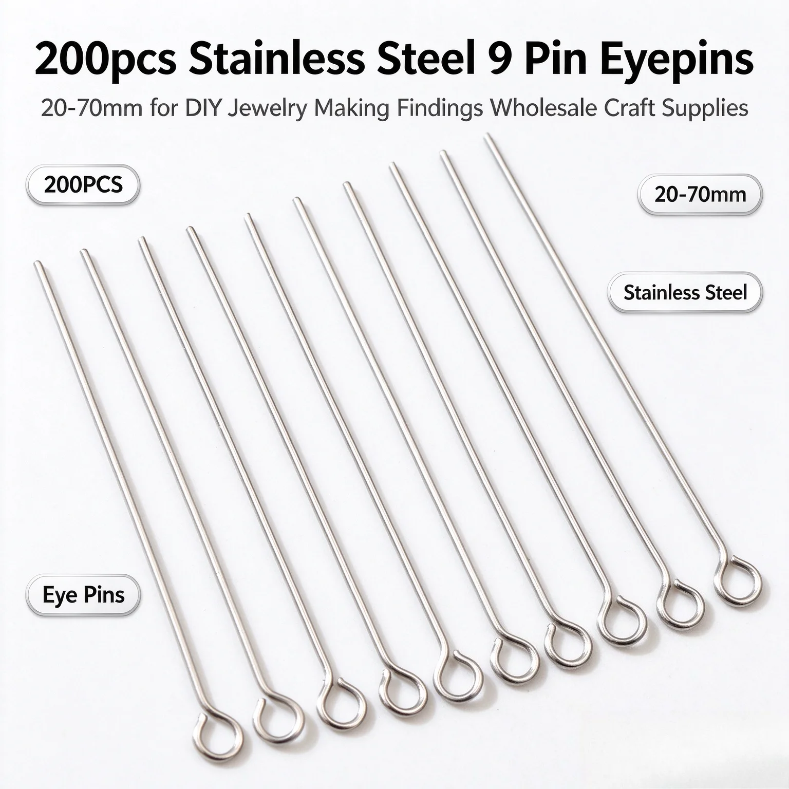 200pcs 20-70mm Stainless Steel 9 Pin Eyepins for DIY Jewelry Making Findings Wholesale Craft Supplies