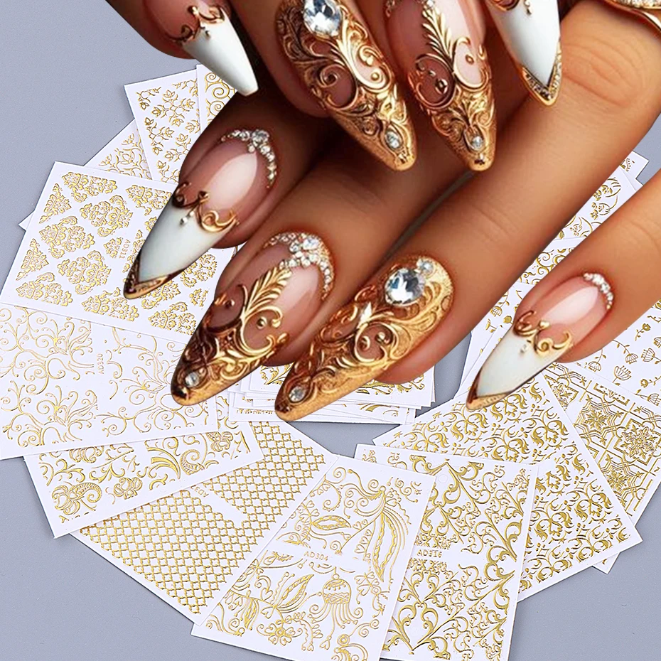 26 Stück Metallic Spitze Blumen Rebe Nägel Aufkleber 3D Retro Hohl Gold Silber Spitze Linie Selbstklebende Nagelaufkleber Maniküre Dekor