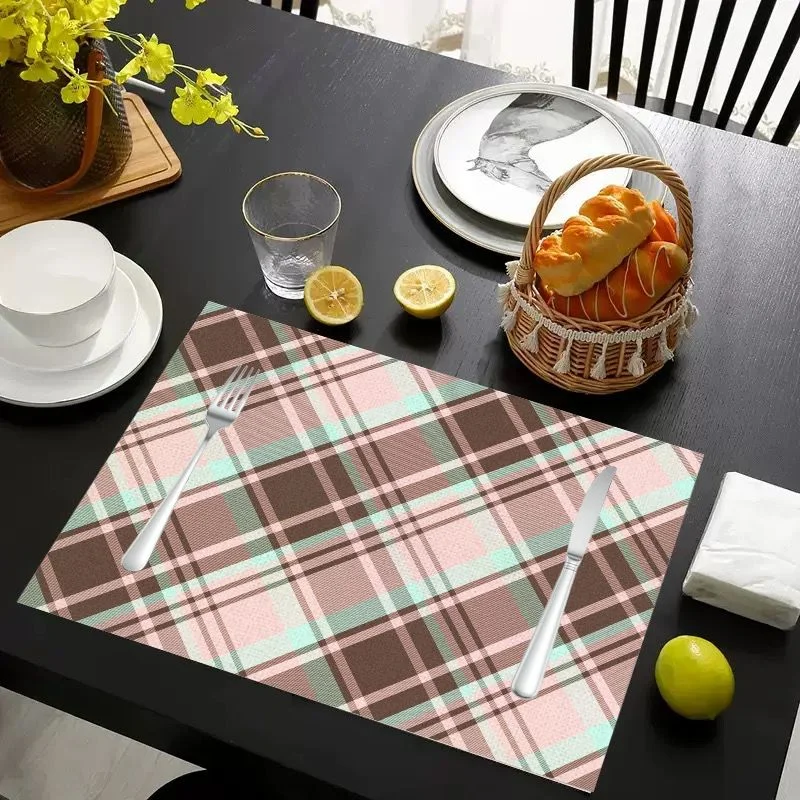 VIKAMA Mint Green Plaid Linen Placemats Set of 6, Non-Slip Washable Heat Resistant Kitchen Table Mats