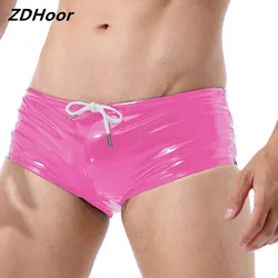 Mens Patent Leather Swim Shorts Wet Look Trunks Low Rise Drawstring Boxer Shorts Swimwear Party Clubwear