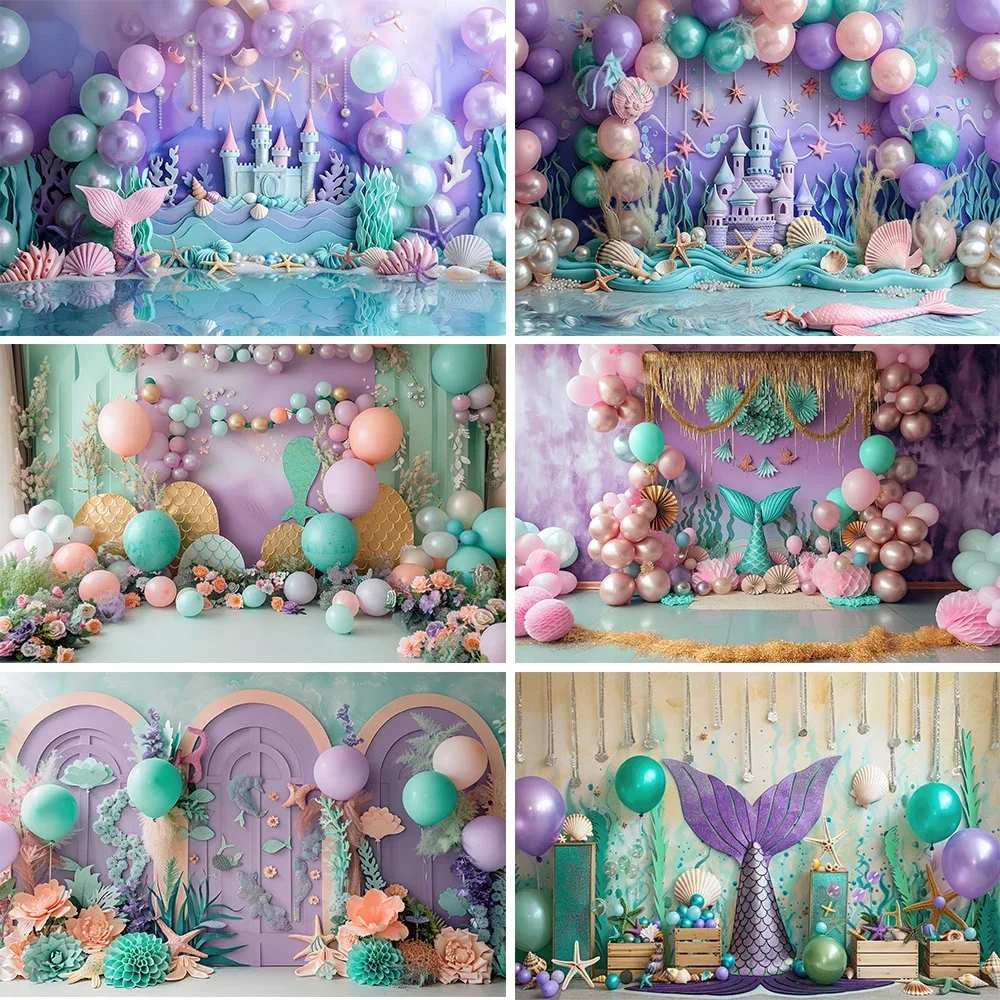 Mermaid Photography Backdrop Color Balloon Scale Shell Girls Princess Birthday Party Decor Banner Baby Shower Photo Background