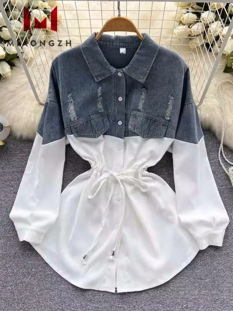 

Denim Contrast Color White Women Shirt Lapel Long Sleeve Cardigan Shirts Top With Collar Top New Female Vintage Clothing Summer