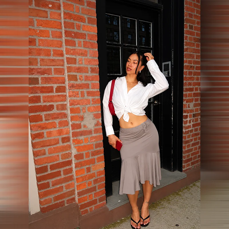 

Women's Low Waist Midi Skirt Buckle Belt Casual Bodycon Skirts Color Flared Hem Streetwear Y2k Style Casual Dating Party Wear