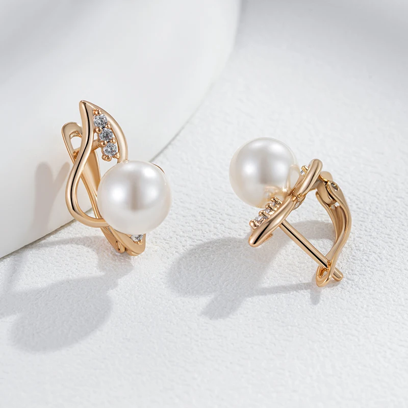 Kinel Luxury 585 Rose Gold Color Pearl English Earrings for Women Unique Geometric Natural Zircon Accessories Daily Jewelry Gift