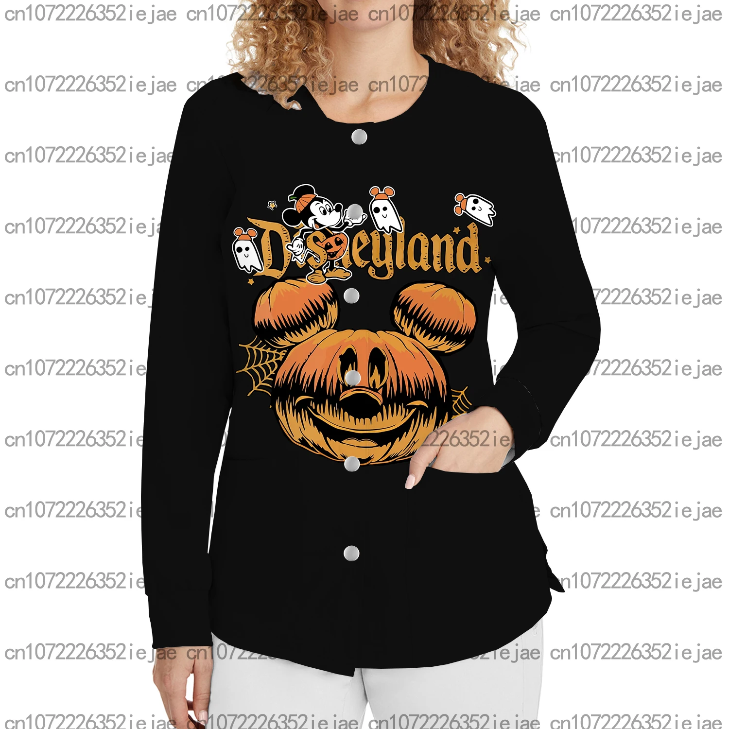 زي عمل نسائي من ديزني للهالوين ميكي مطبوع برقبة دائرية وزر فرك علوي لمتجر الحيوانات الأليفة وصالونات التجميل