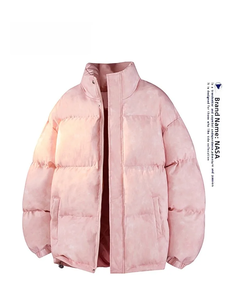 Męska kurtka zimowa w stylu retro tie-dye, wykonana ze skóry, bawełny i poliestru, ocieplana, ciepła, w stylu chlebaka, modna, zapinana na zamek.