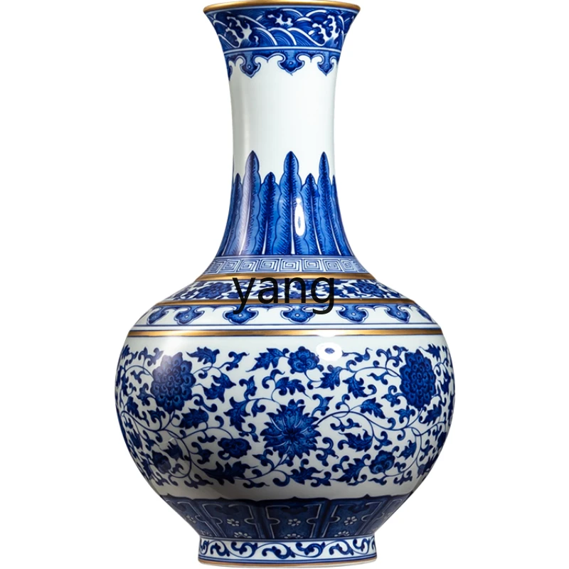 

L'm'm Blue and White Porcelain Vase Large Living Room Gold Decorating Vase Wood Kiln Porcelain Furnishings Ornaments