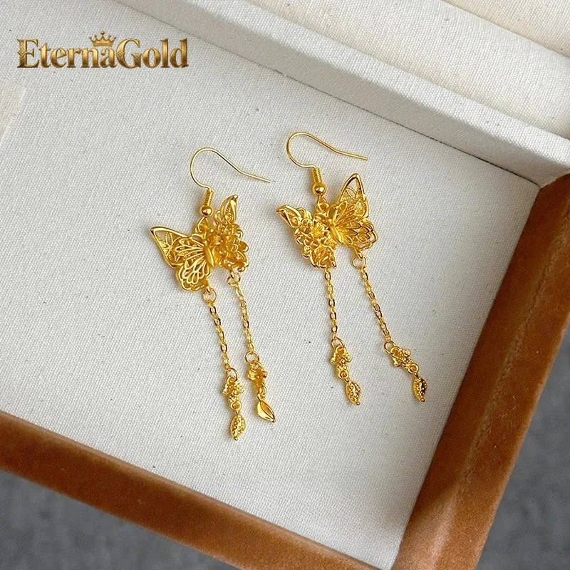 

EternaGold Luxury 24K 9999 Pure Gold real gold women's Butterfly earring tassel butterfly flower butterfly tassel earrings
