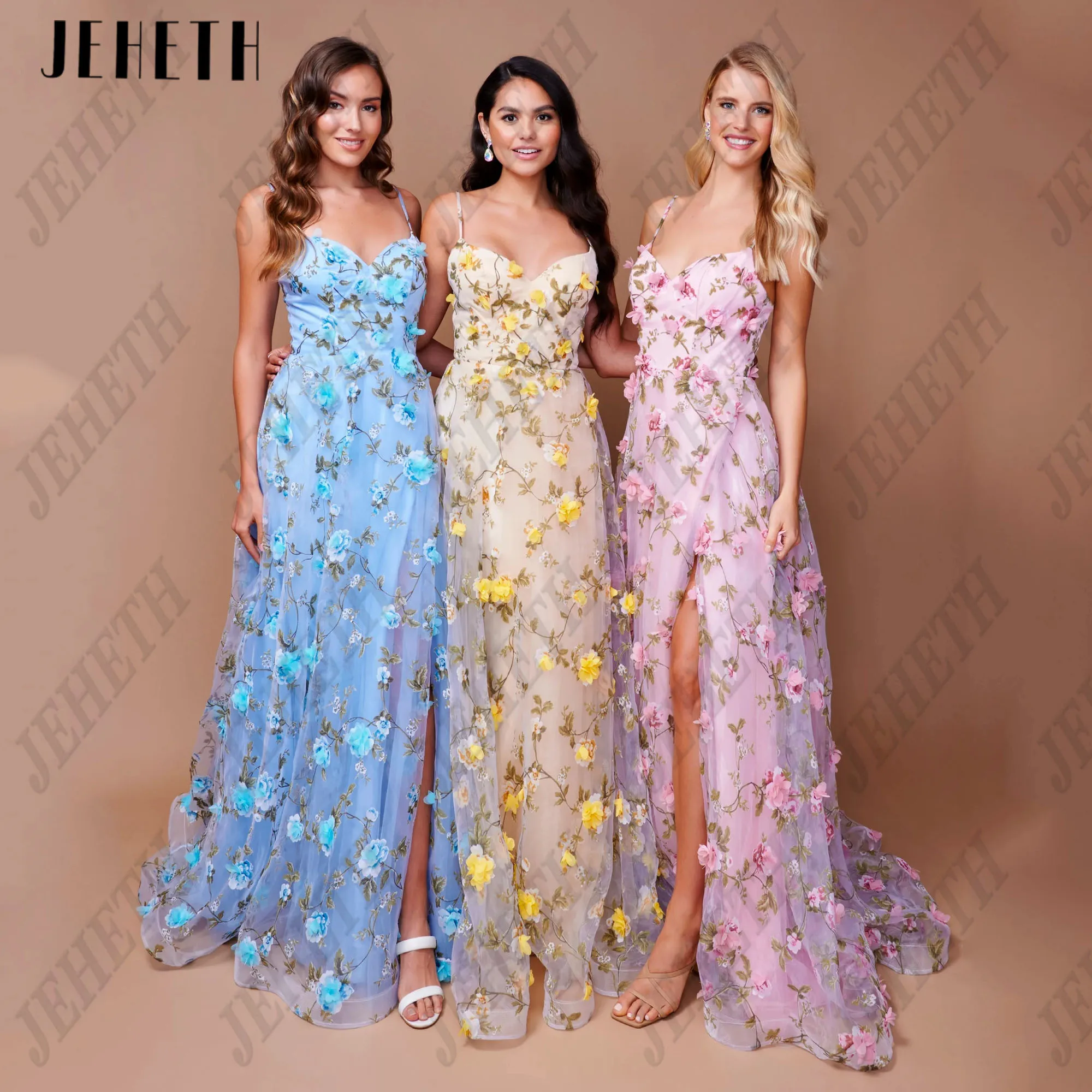 

JEHETH Customized Pink Flowers Prom Dress Backless Embroidery Lace Sleeveless Aline Side Split Party Gowns vestidos de ocasião