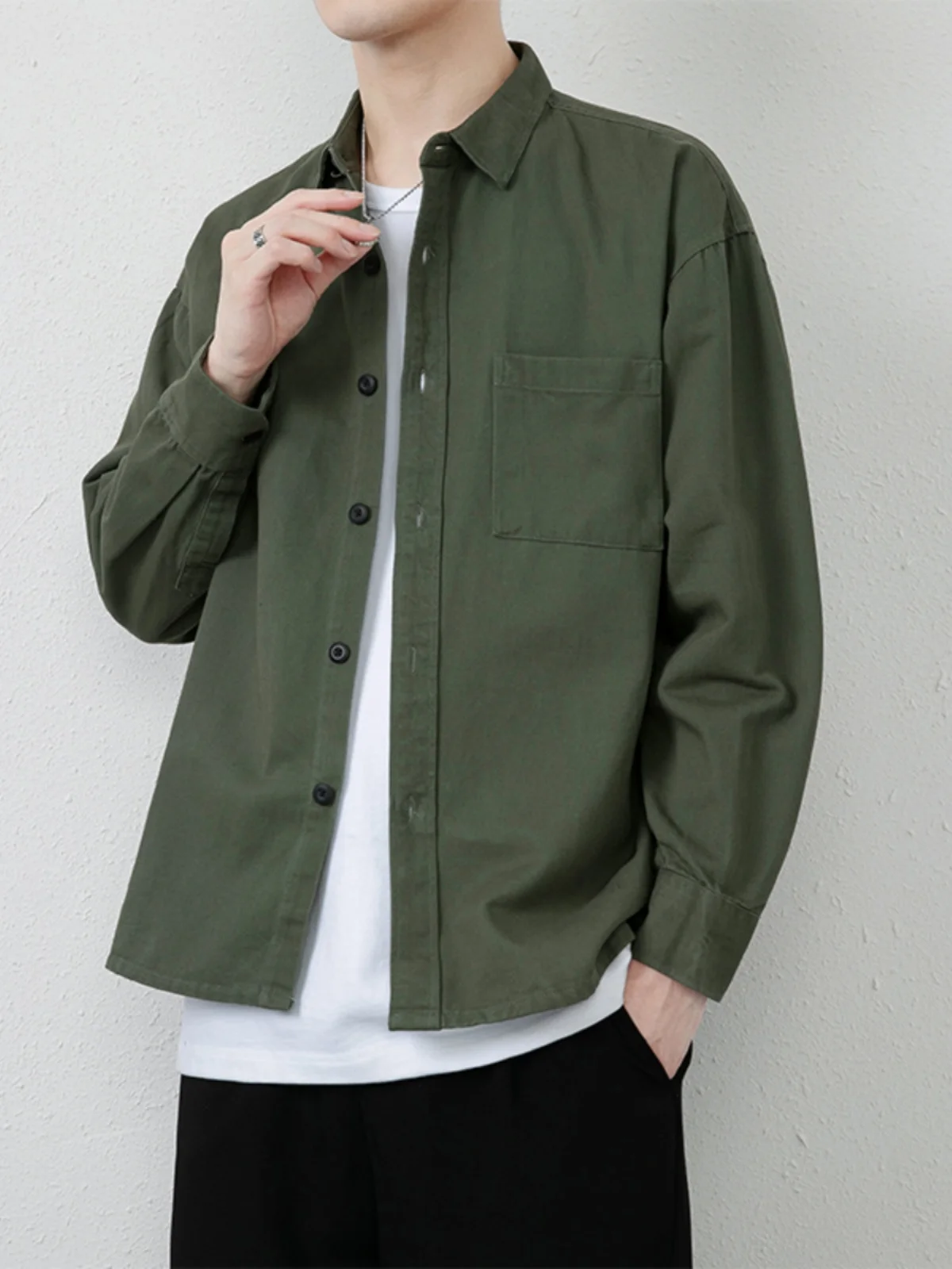 

Japanese Sle Loose Long Sve Pure Color Men's irt Trendy Casual Spring Autumn Top for Students Cotton Youth Faion