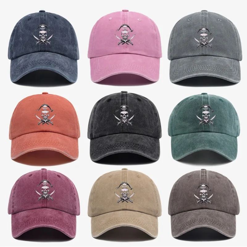 Distressed Washed Baseball Cap Pirate Skull Crossed Swords Print Adjustable Unisex Dad Hat Retro Street Gothic Halloween Sun Hat