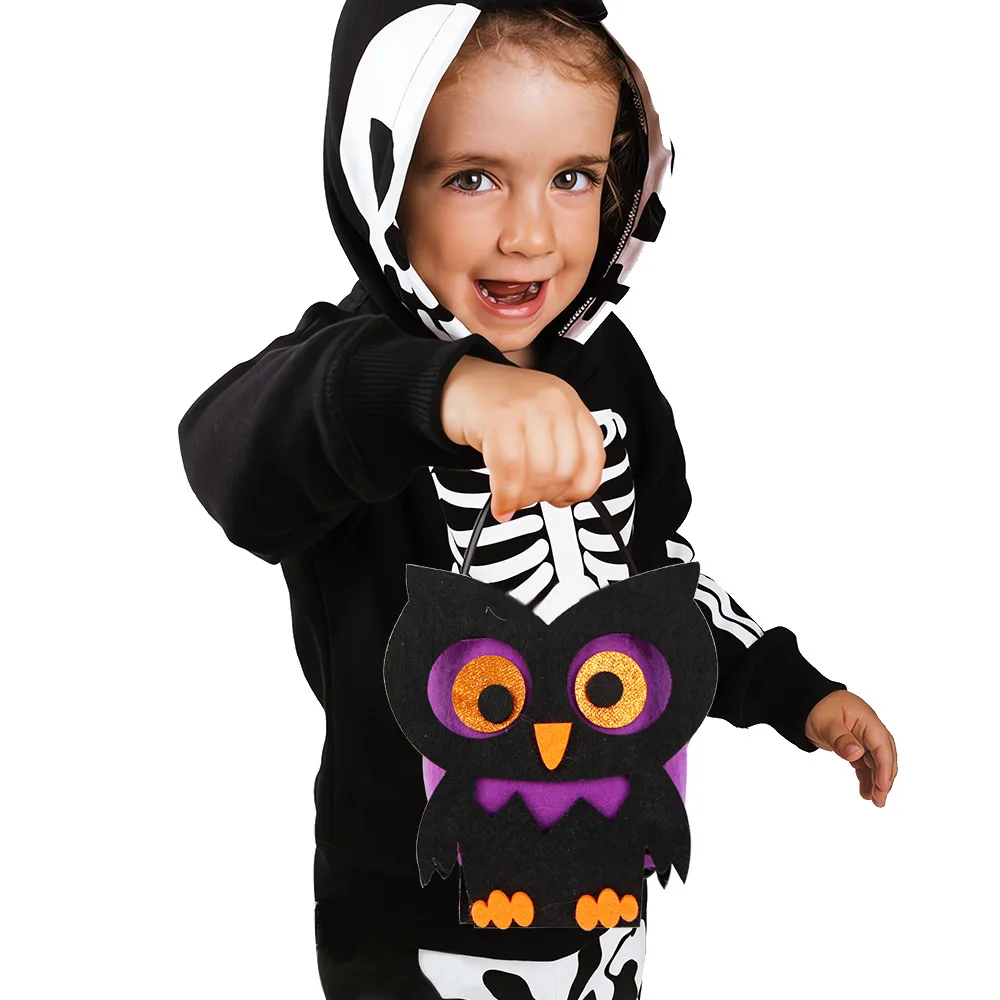 Handgehaltene Halloween-Trick-or-Treat-Tasche aus Filz, 3D-Kürbis-Geist-Fledermaus-Design, Vlies-Tragetasche, klassische Elemente, Goody-Tasche für Kinder