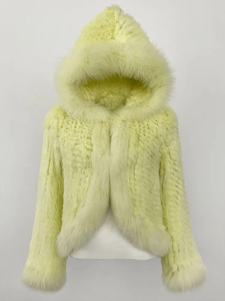 2025 New Autumn Winter Hooded Real Fox Fur Jacket Natural Rabbit Fur Coat Women Fashion Solid Kintting Fur Outerwear Female