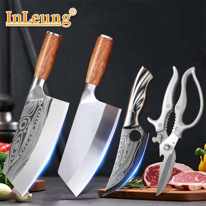Professional Kitchen Chef's Knife Meat Slicing Chopping Knife Wooden Handle Meat Cleaver Stainless Steel Kitchen Knife Scissor