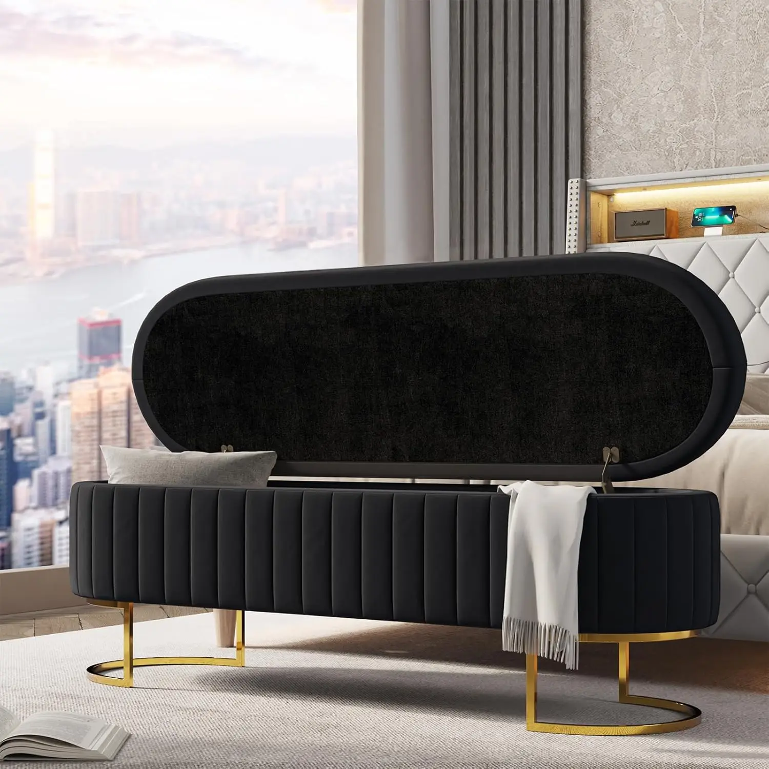 

55.5" Storage Bench Ottoman End of Bed Bench Bedroom Bench, Upholstered Velvet Long Window Bench Large King Size, Customized