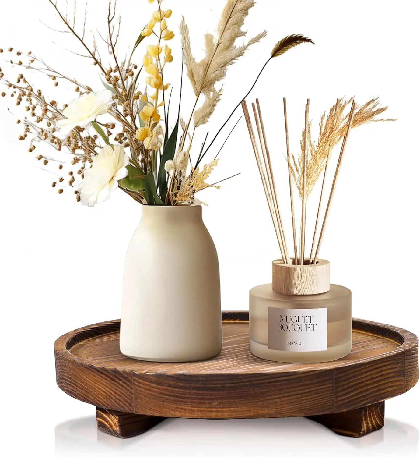 

Round Wood Tray for Kitchen Bathroom Counter Organizer Rustic Farmhouse Decor Riser for Soap Perfume Candle