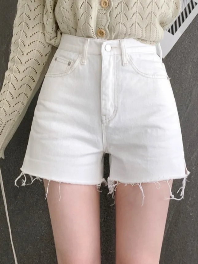 하이웨이스트 화이트 데님 반바지 여성 여름 한국 스타일 다용도 슬리밍 사이드 슬릿 프레이드 밑단 A라인 와이드 레그 핫팬츠