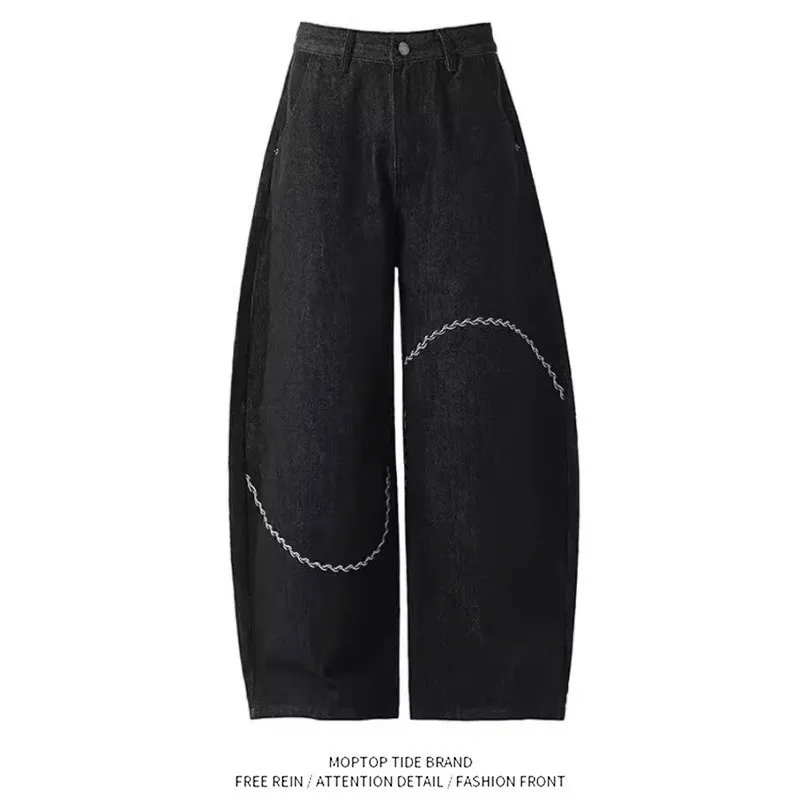 Calça Jeans Retrô Preta com Bordado e Corte de Faca, Unissex, Perna Larga, Efeito Emagrecedor, Comprimento Longo, Design de C...