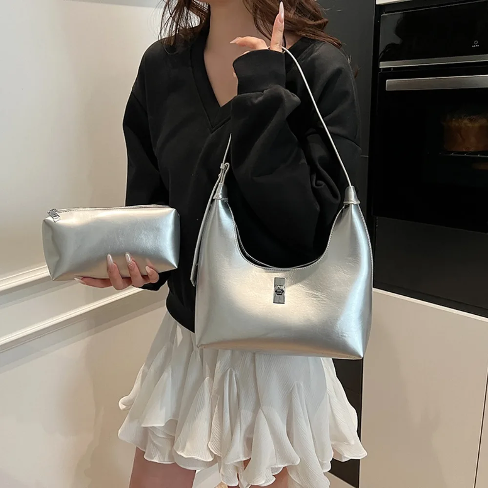 

Portable Minimalist Style Leather Crescent Bag Soft Casual Half-moon Shoulder Bag Commuting Tote Underarm Handbag Girls