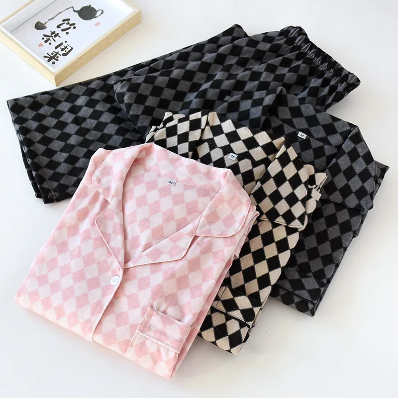 Spring and Autumn New Japanese Couple 100% Cotton Knitted Pajamas Set Men\'s and Women\'s Plaid Home Wear Long Sleeve Pants Large