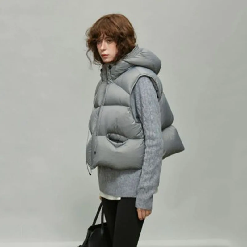 Vrouwen Vest 2025, Nieuwe Herfst Winter Warme Capuchon Witte Ganzendons Leisure Vrouwen Donsvest Effen Kleur Vrouwen Donsjack H441