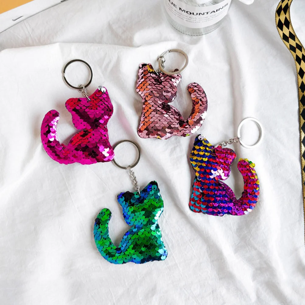 6pcs Creative Sequins Cat Keychain Fashion Keyring Hanging Key Chain Ornament Pendant (Pink, Colorful, Rosy, Green, Black, Pink